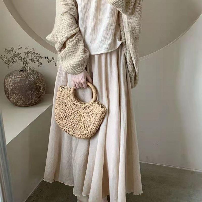 

Женская юбка миди из хлопка и льна с высокой талией в стиле дзен - Весна/Лето Ретро Необычный дизайн полусолнце 85cm (Recommended Height: Below 168cm)