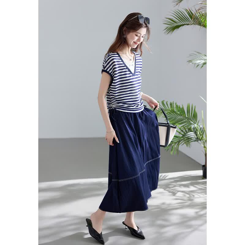 VICTORIA&VERA Striped Faux Two-Piece T-Shirt and Skirt Set