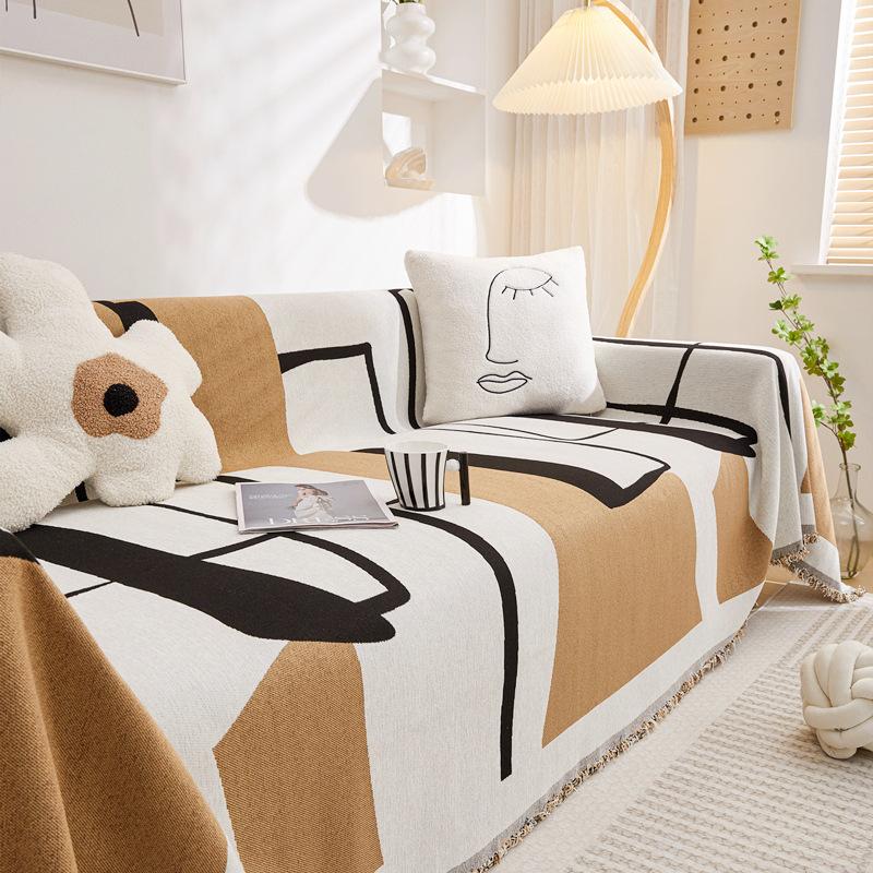 Thickened Chenille Fabric Sofa Towel, Minimalist Modern Geometry, Full Coverage Sofa Cover, Anti Cat Scratch Universal Cover