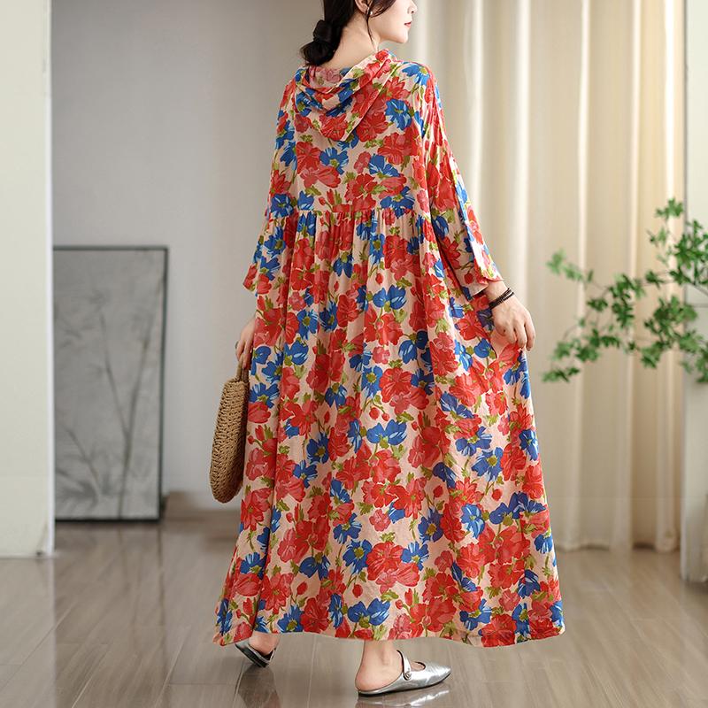 

DIMANAF 2025 Women Plus Size Long Hat Dress Loose O-Neck Printing Casual Floral Oversize Long Sleeve 8226 One Size