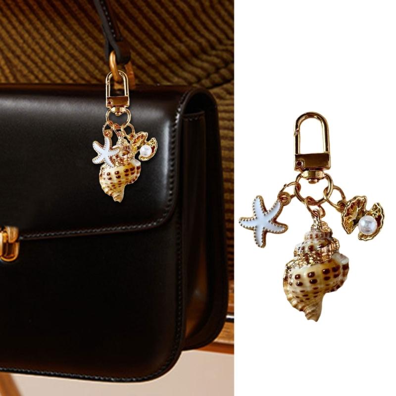 Oceanic Shell Alloy Keychain Pearls Accent Lightweight Versatile Purse Charm Jewelry Multi Functional Accessory