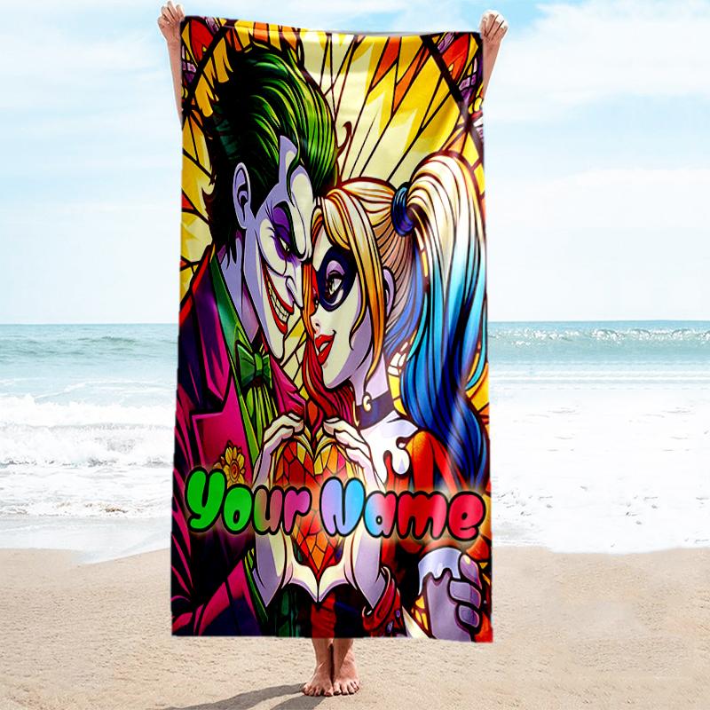 1PC Custom Name "Joker Harley's Love Story" Beach Towel Highly Absorbent And Sand-Resistant Towel for Swimming, Pool, Yoga, And Travel Lightweight
