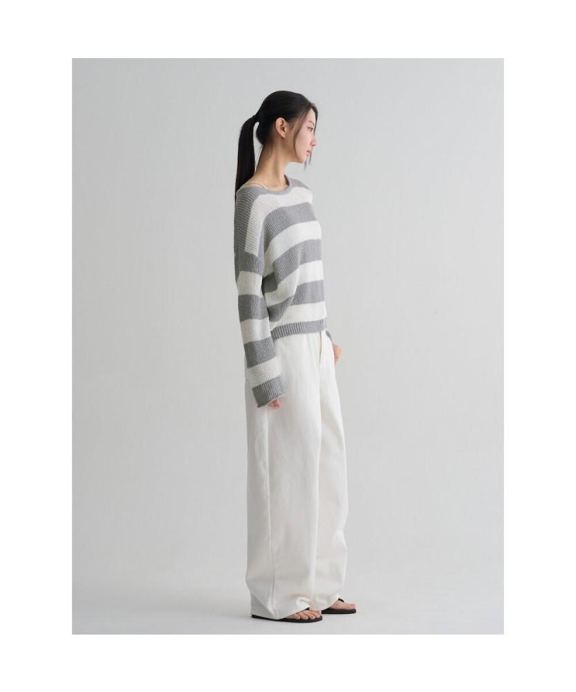 8SECONDS Loose Fit Striped Boat Neck Pullover Light Gray