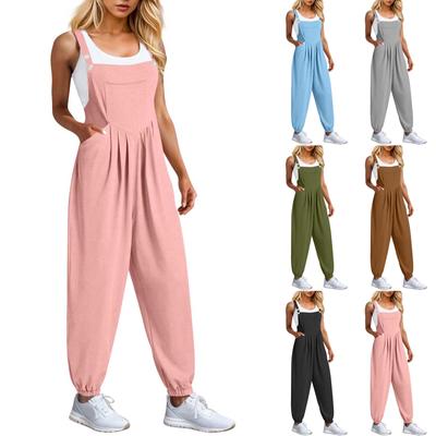 Women's Spring Autumn Jumpsuits Adjustable Strap Vintage Solid Color Sleeveless Pants With Pockets