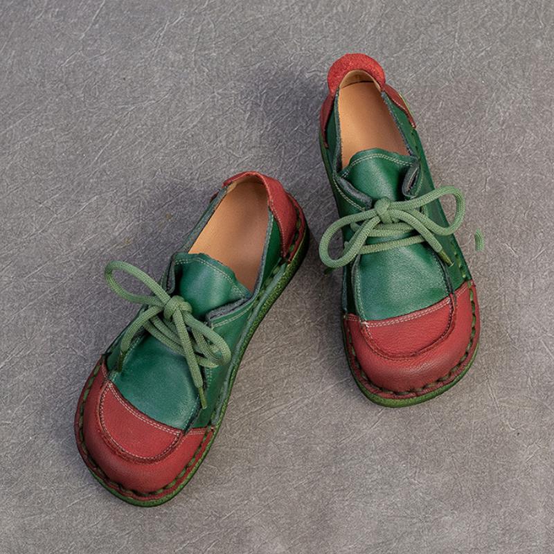 Johnature Chaussures à lacets rétro en cuir véritable polyvalentes, couleurs mélangées, semelle souple, chaussures confortables pour femmes