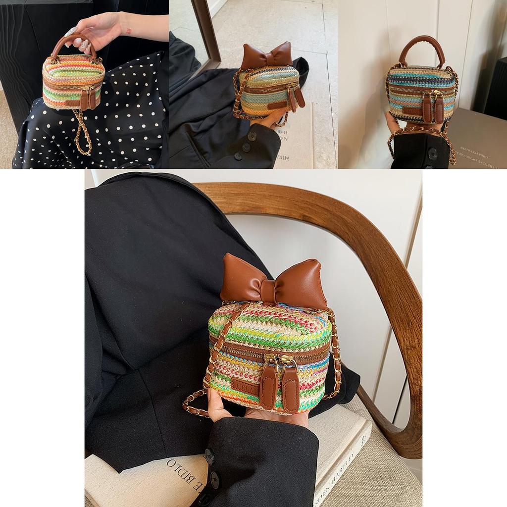 Chic Woven Pu Mini Handbag Stylish Striped Pattern Ultra-light Trendy Purse