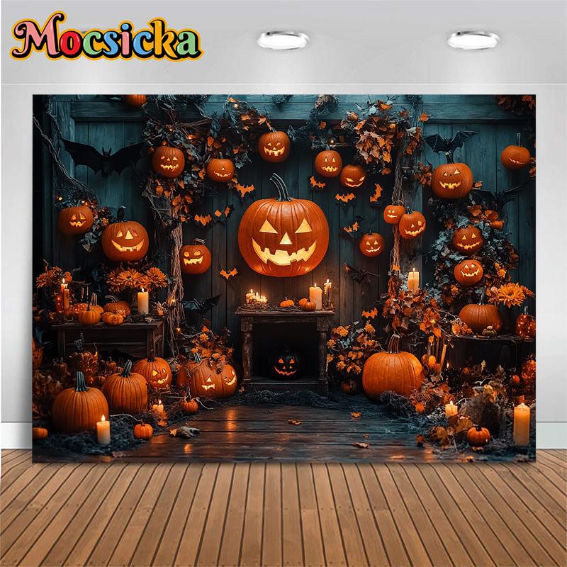 Mocsicka Halloween Backgrounds For Photography Terrible Pumpkin Party Backdrop Bat Flower Jack-O-Lantern Home Decorations Banner