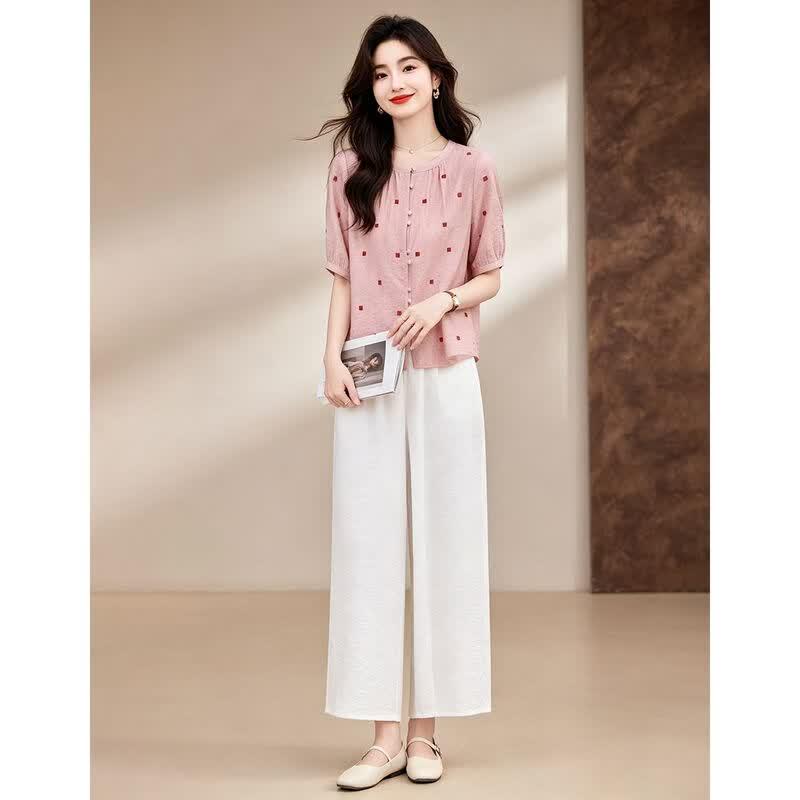 D.F.DEAR Women's Casual Polka Dot Shirt & Wide-Leg Pants Set