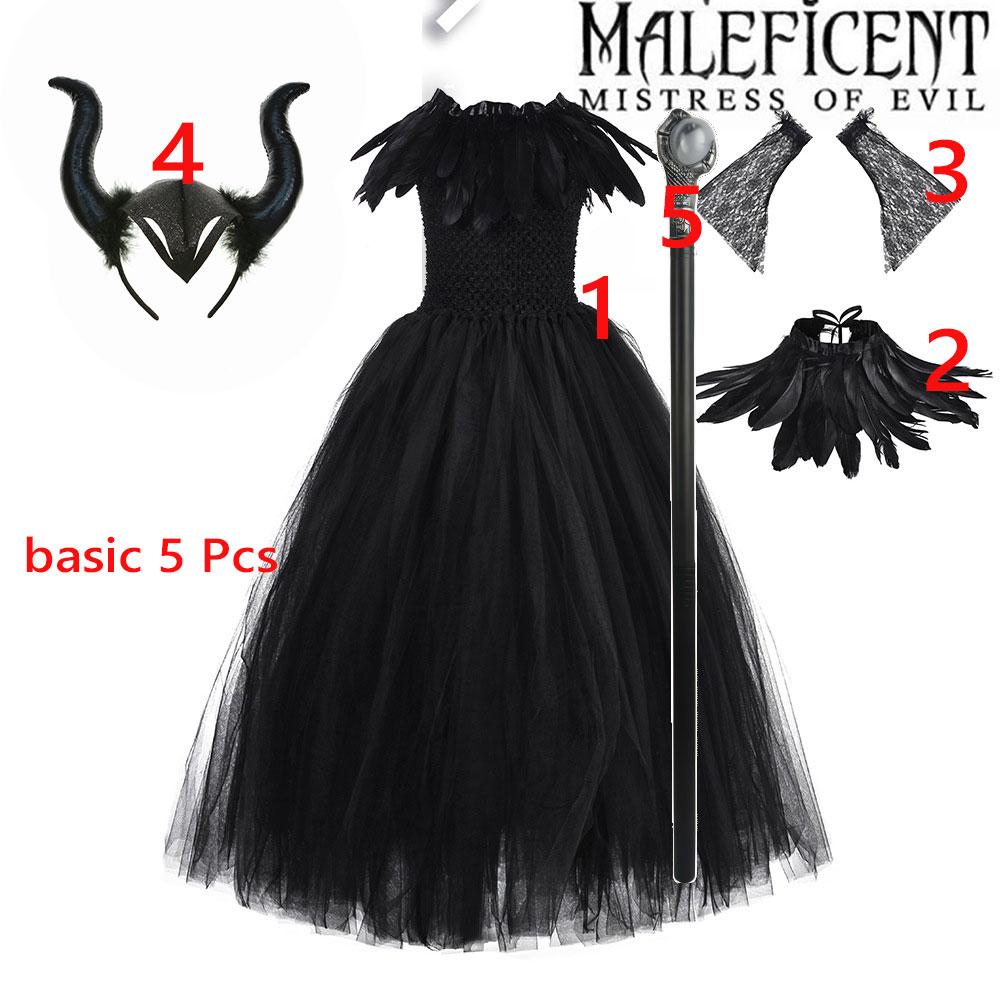 2-10Yrs Maleficent Girl Evil Queen Black Tutu Dress with Feather Scarf Halloween Villain Party Gothic Costume Gown Vestidos