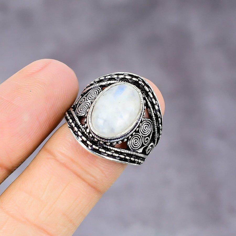 Pietra di Luna Arcobaleno Fatto a Mano Gioiello Argento Sterling 925 Anello Misura 10 t6n23