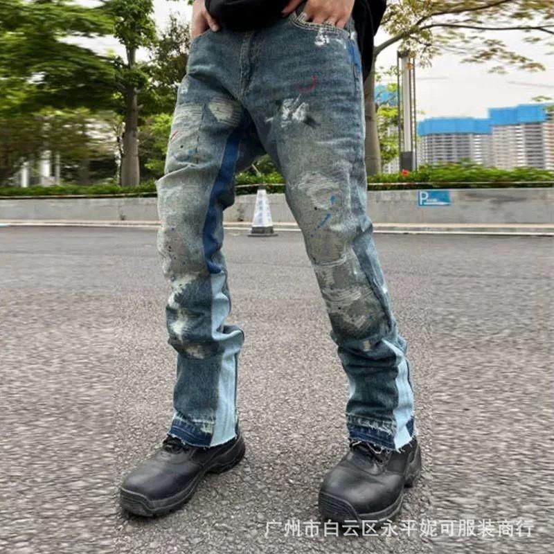 Mens Distressed Washed Flared Jeans With Ink Splatter Print High Street Style Casual Denim Pants