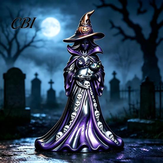 Gothic Home Decor Halloween Witch Figurine, Resin Black Cat Statue with Pumpkin, Retro Party Supplies Sculpture, Tabletop Ornament for Display