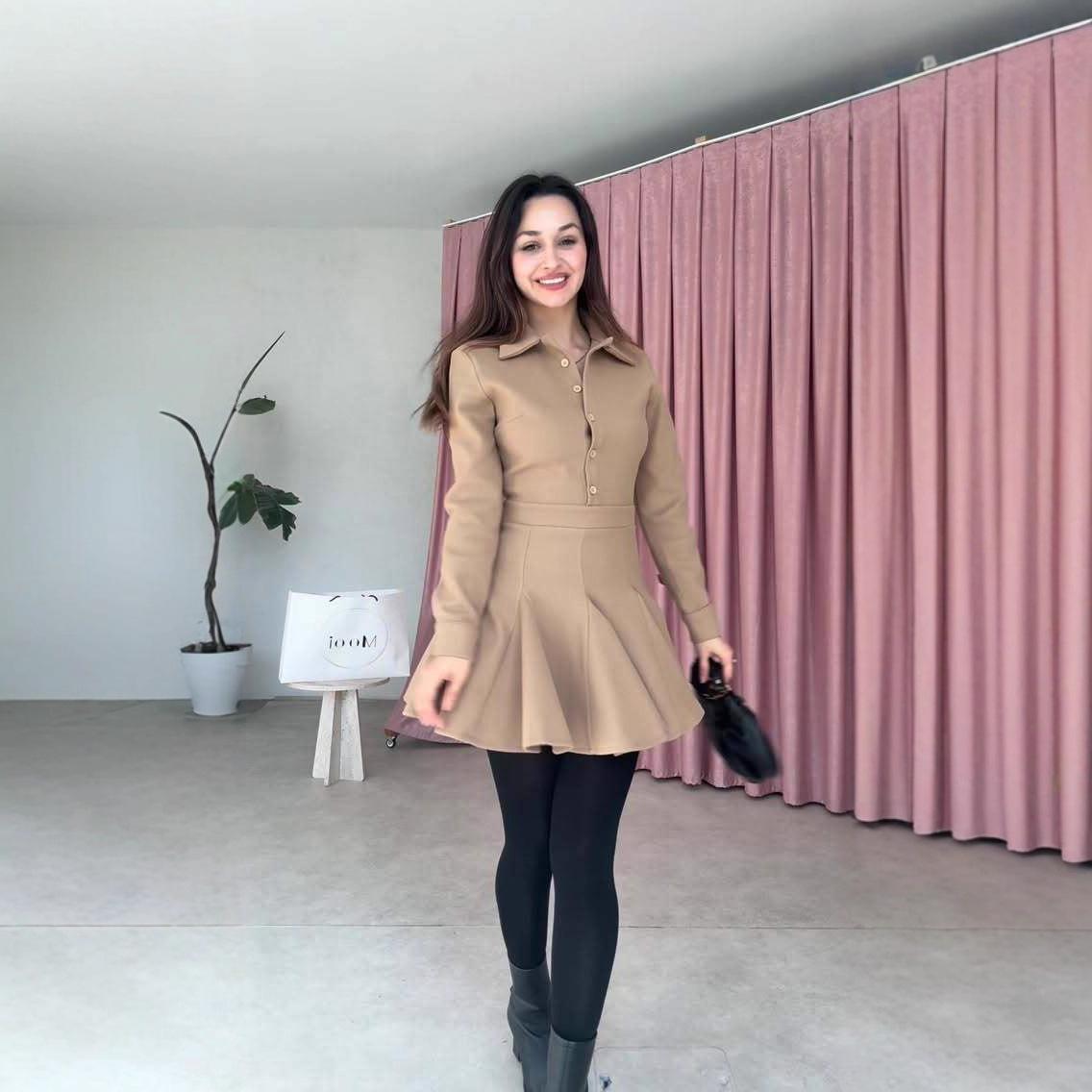 2025 Autumn/Winter American Foreign Trade Amazon Cross-border New Solid Color Waist-Cinching Long Sleeve Lapel Short Casual Dress XS хаки