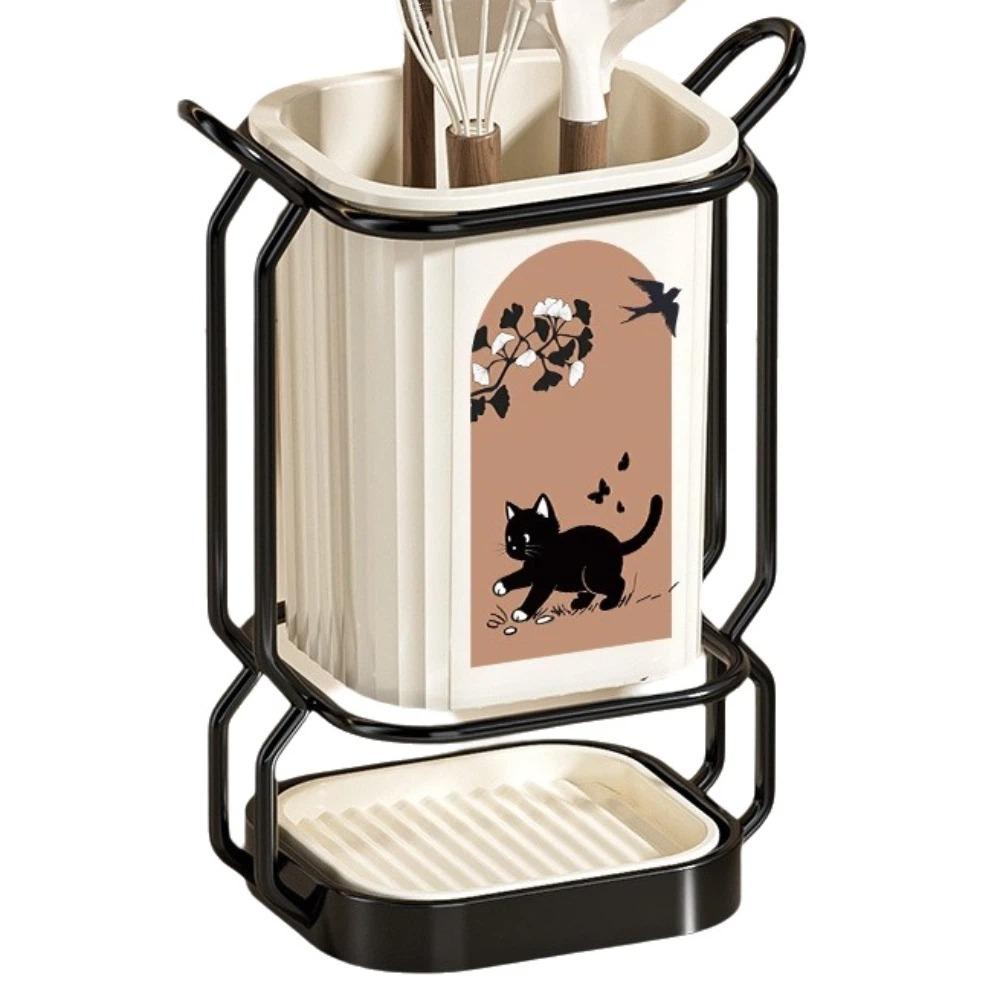 Cute Cat Pattern Kitchen Storage Rack Standing Cutlery Organizer Chopstick Holder Home Use