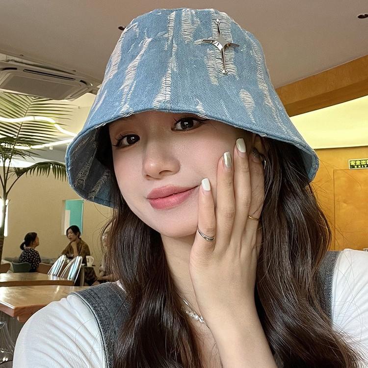 Summer hat women's cross denim bucket hat sunshade basin hat versatile double-sided bucket hat