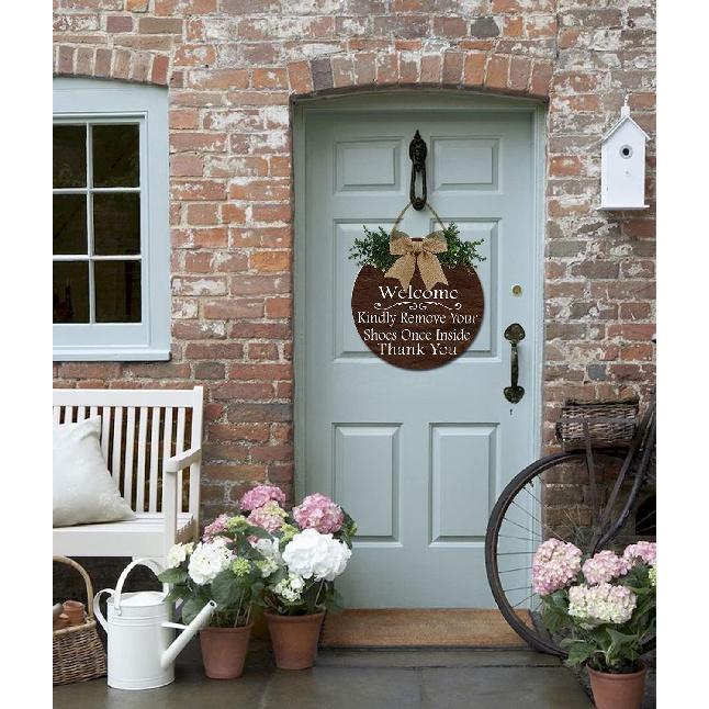Welcome Kindly Remove Your Shoes Once Inside Thank You Wood Sign Home Decor Door Wall Hanger Keep Clean Manners Take Off Shoes 11*11 Inches Round