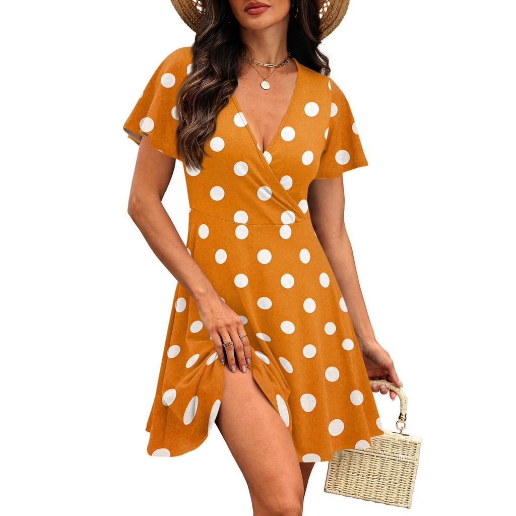 Women Casual V Neck Polka Dot Print Short Sleeve Wrap Dress Lightweight Summer Dress with Flared Skirt