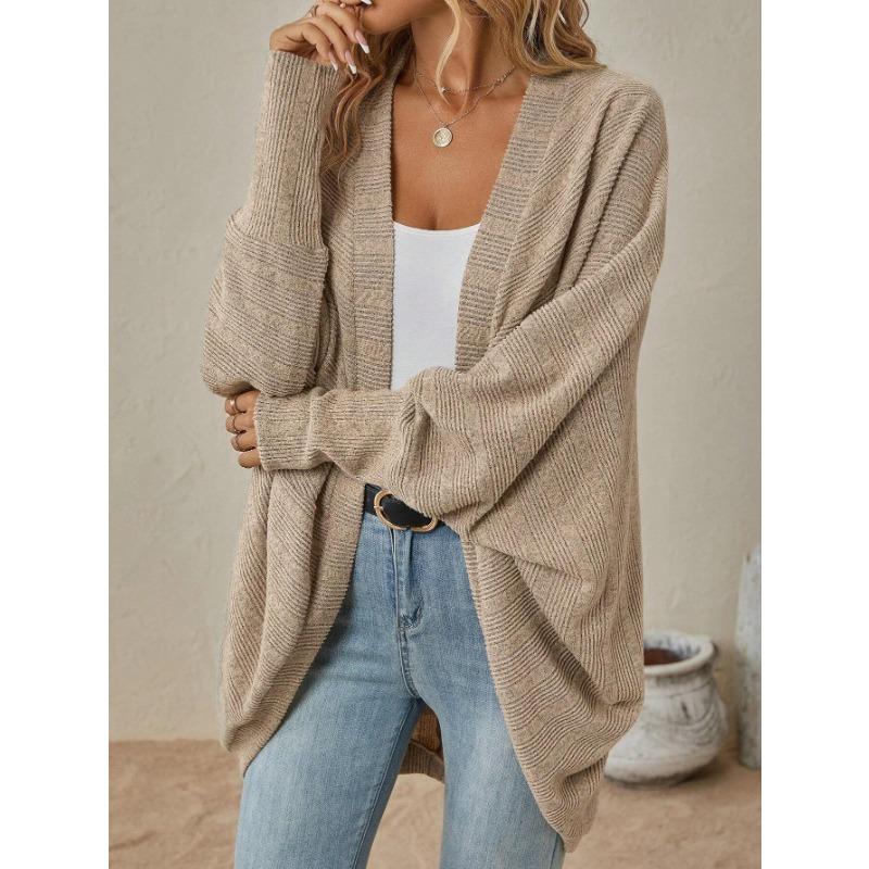Women Open Front Ribbed Knit Cardigan Solid Blue Loose Batwing Long Sleeve Casual Outerwear Coat