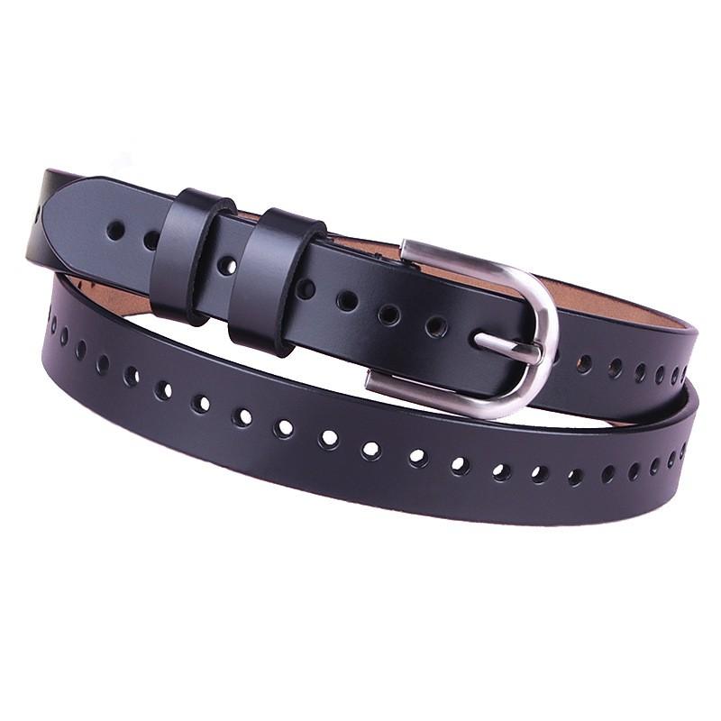 Womens Genuine Leather Belt With Hollow Cut Design Slim Width Buckle Casual Chic Waistband Jeans Office Wear