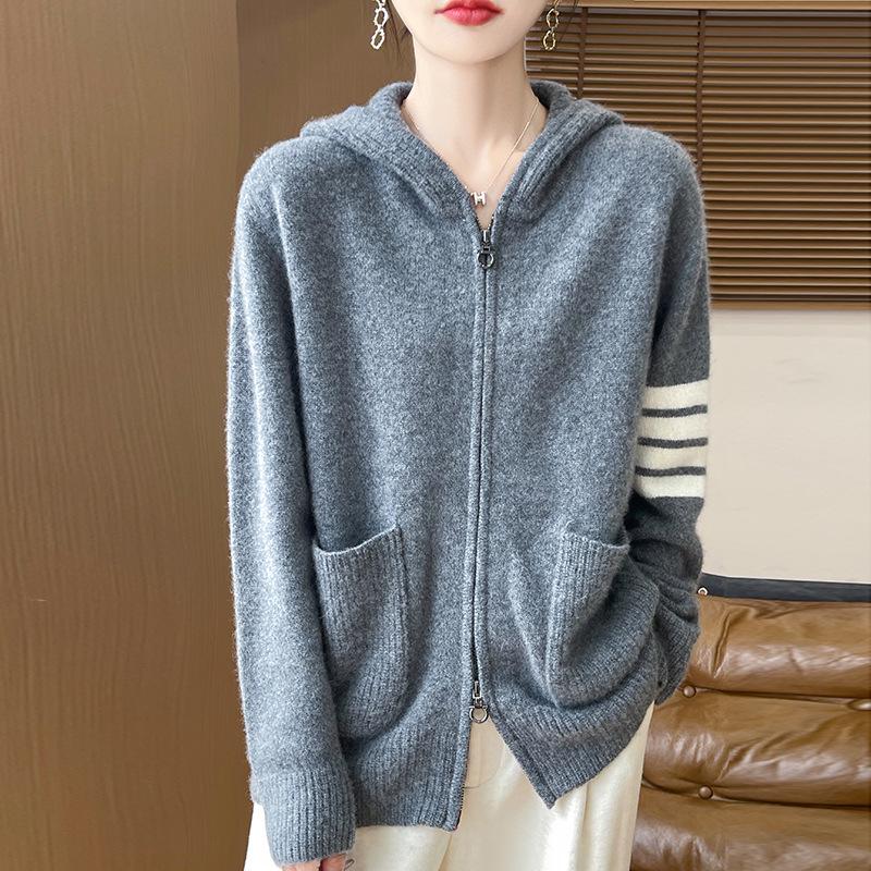 Women's Striped Color Block Hooded Cashmere Cardigan - Autumn/Winter Loose Casual 100% Pure Wool Jacket