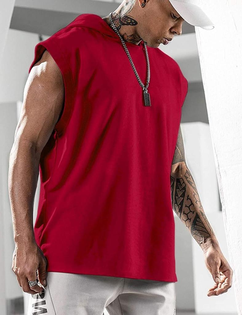 Summer Men's Vest Simple Training Sports Casual Sleeve Hooded Clip Europe and The United States Fashion Men's Solid Color Vest Daily Fitness