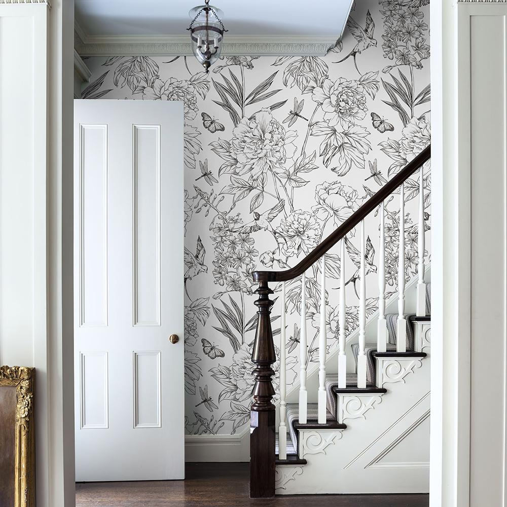 Retro Line Sketch Floral Wallpaper White And Black Flower PVC Furniture Cabinet Sticker Vintage Birds Removable Wall Decor