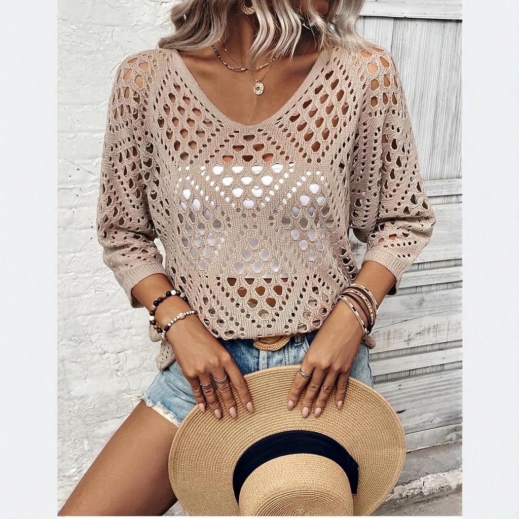 2026 New Women's Hollowed-Out Solid Color Top - Trendy European & American Casual Sweater