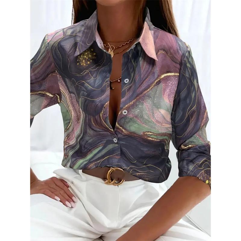 Boutique Pattern Printed Button Long Sleeve Women's Shirt Vintage Elegant Office Fashion Large Size Women's Daily Lapel Shirt