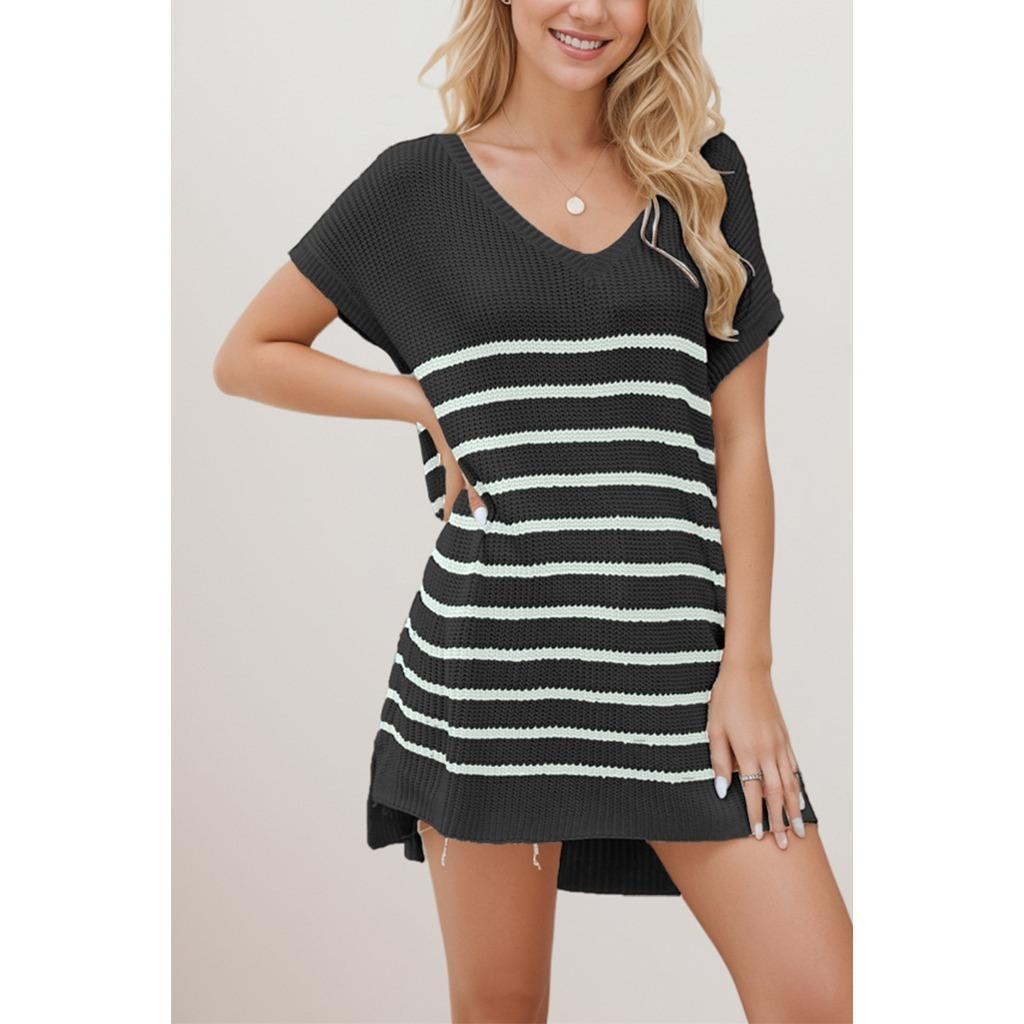 

QICED свободный повседневный полосатый трикотажный свитер с коротким рукавом и V-образным вырезом для женщин XL чёрный