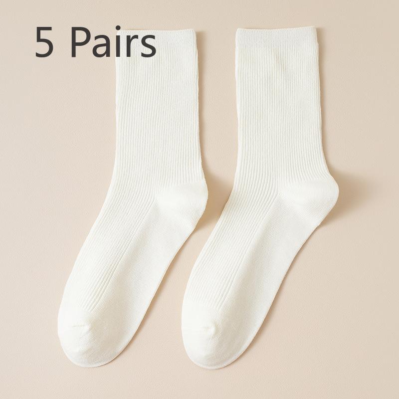 5 Pairs Boneless White Socks Women's Mid-calf Socks Autumn and Winter Cotton Tide Grey Double Needle Anti-pilling Long Stacked Socks