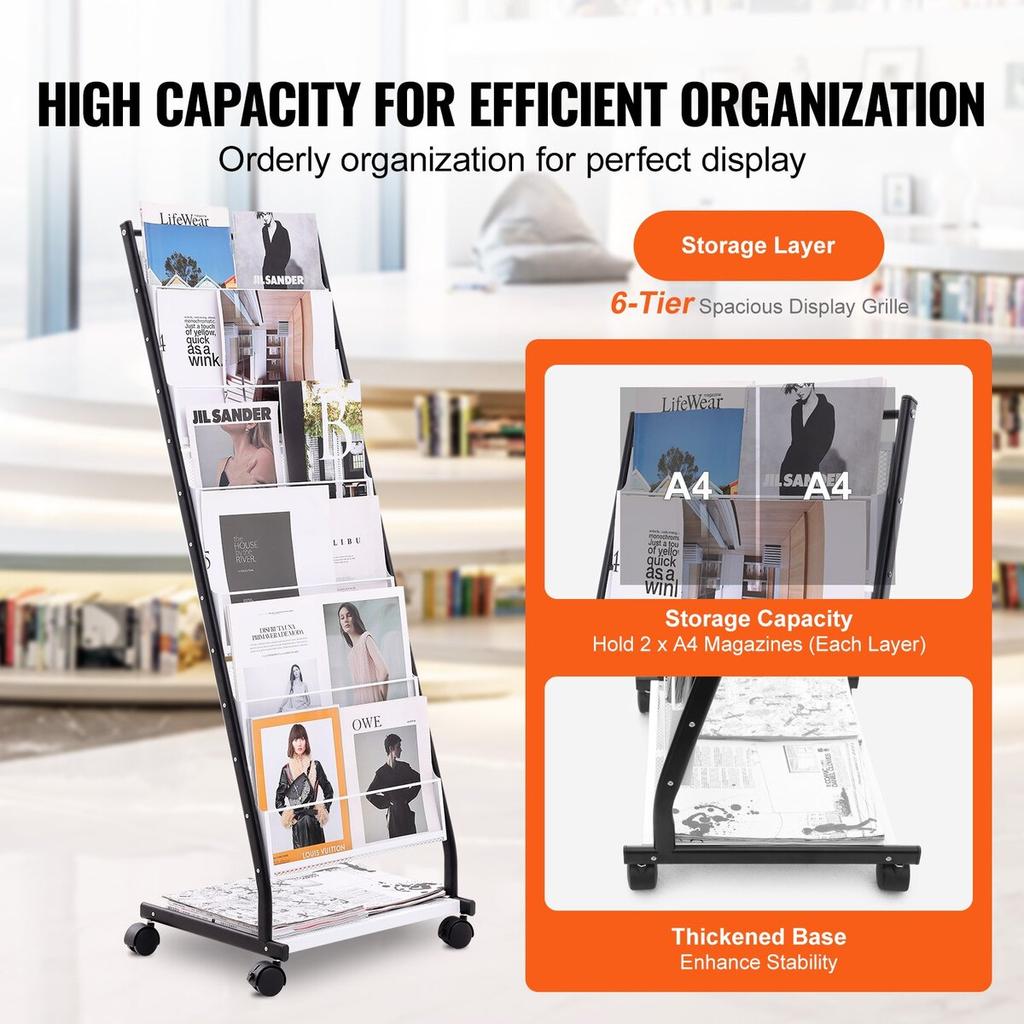 Brochure Display Rack 6-Tier Magazine Literature Display Stand 4 Wheels