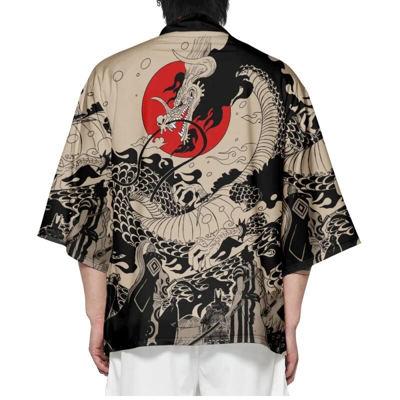 Summer Japanese Style Anime Dragon Print Cosplay Yukata Top Adult Traditional Samurai Loose Kimono Cardigan for Men Women