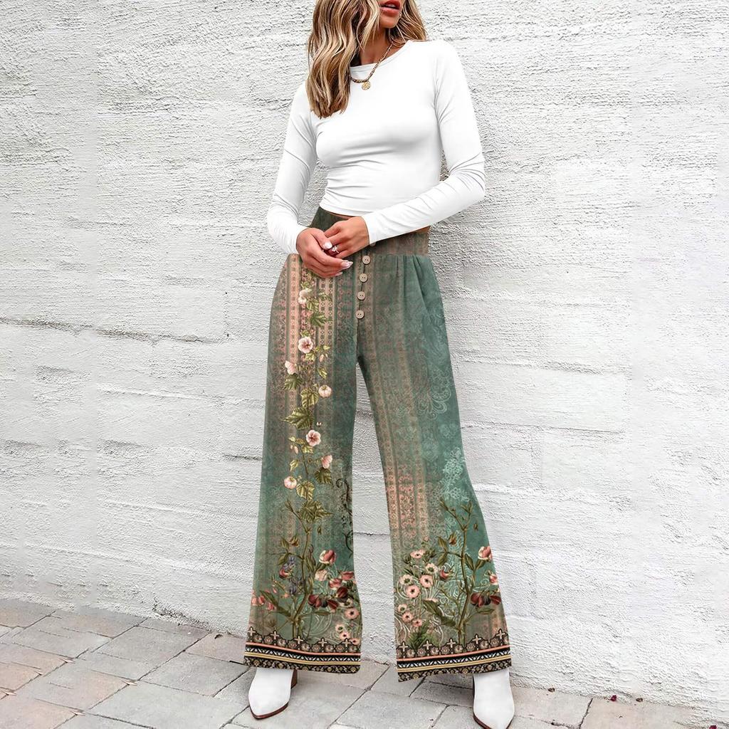 Damen Sommer Locker Sitzende Blumenmuster Weite Beine Hose Elastische Taille Knopfleiste Vorne Mit Taschen Lässig Bohemian Stil Hose