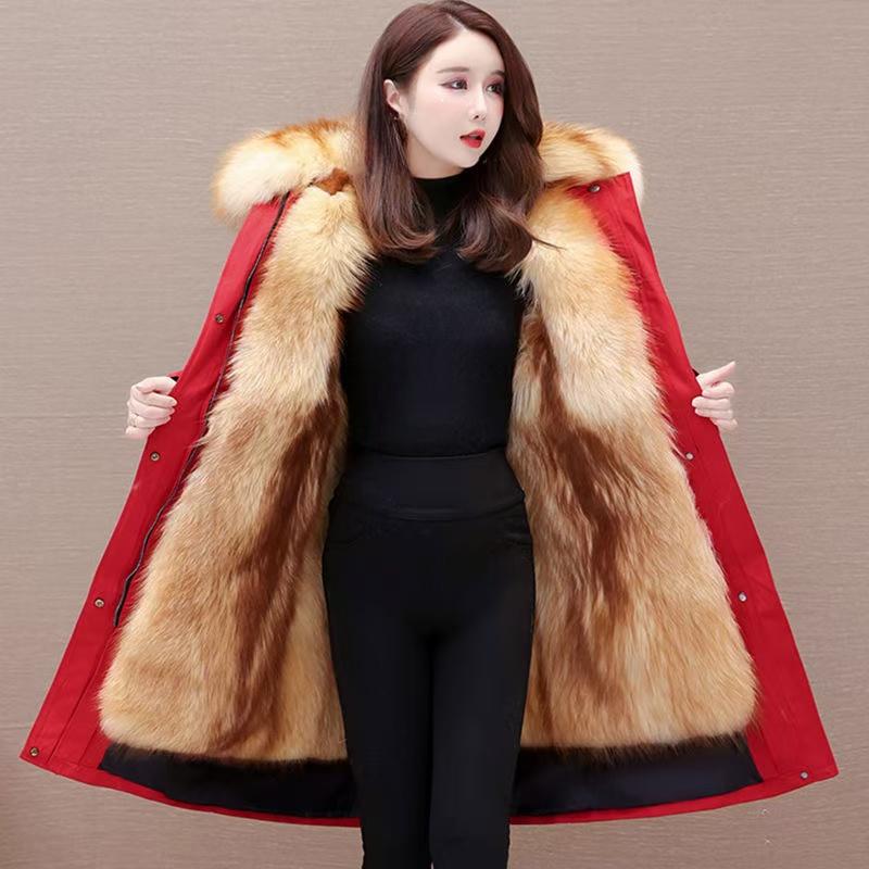 High Quality Fashion Autumn Winter Thickened Fur Liner and Detachable Design Women's Parka Warm Coat Red and Black Coat  Jacket
