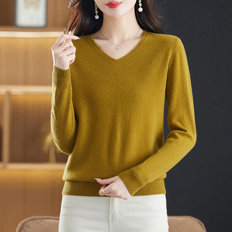 Women's Pure Wool V-Neck Pullover Sweater - Autumn/Winter Loose Casual Knit