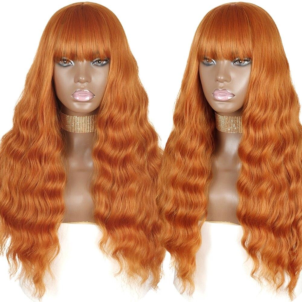 XINRAN Long Water Wave Synthetic Wigs With Bangs Natural Wavy Orange Wig for Women Cosplay Wigs Heat Resistant Fiber Wigs