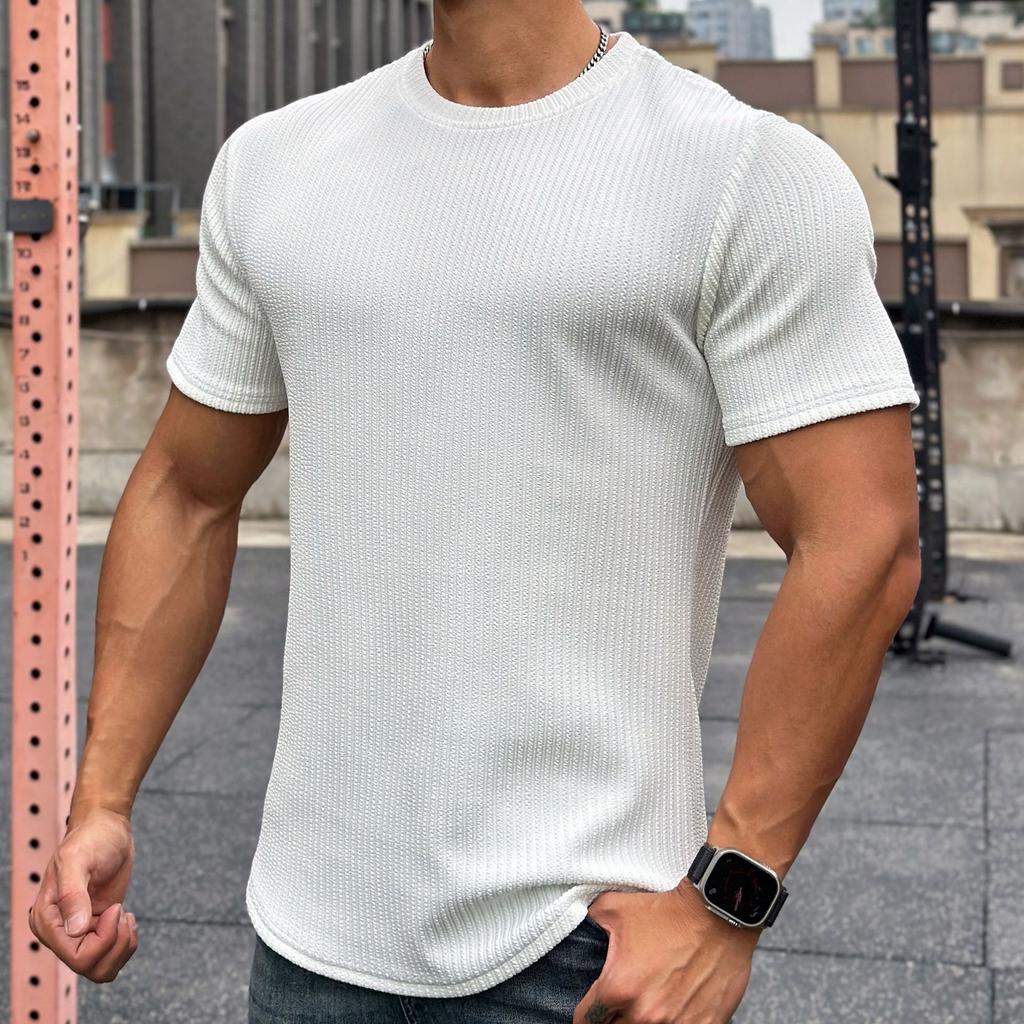 American Style Men's Summer Short Sleeve Slim Fit Fitness Top Solid Crew Neck Training T-shirt