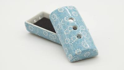 Horizontal Cylindrical Incense Burner, for Laying Incense Sticks, Made In Japan by Mino Ware, Light Blue, for Yoga, Meditation, Mindfulness, and