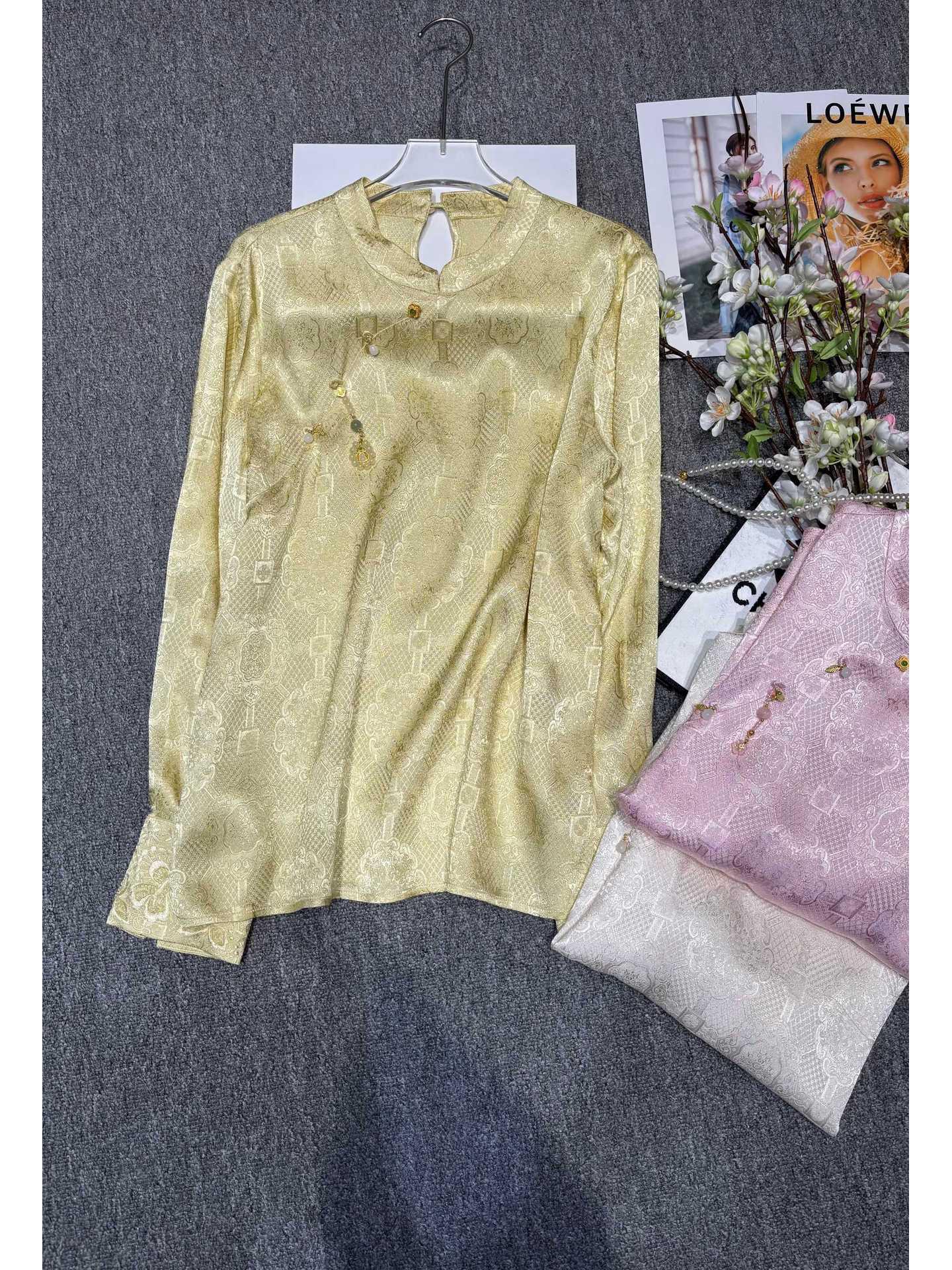 Nanyou Women s Jacquard Oblique Lapel Stand Collar Long Sleeve Shirt - 2026 Spring New Chinese Style S жёлтый