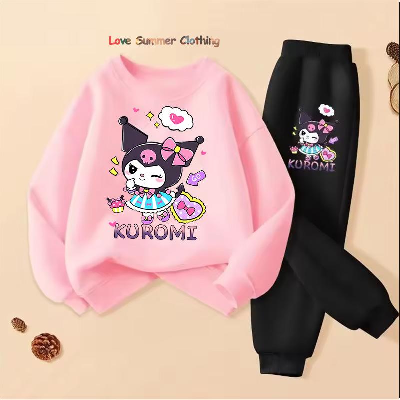 Sanrio Spring Autumn Kuromi Children Clothing Sets Cartoon Kuromi Print Girls Sweatshirt 2pcs Suit Thin Kids Tracksuit