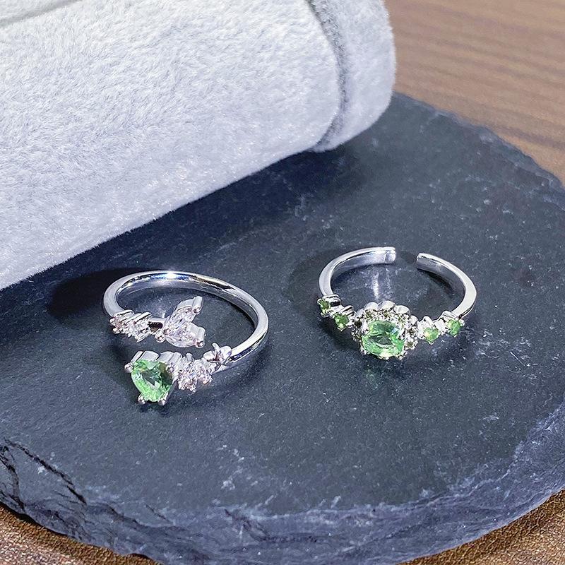 Small Fresh Color Treasure Olive Green Fish Tail Inlaid Zir*****Pen Ring Light Luxury Niche Design Stacked Ring Woman