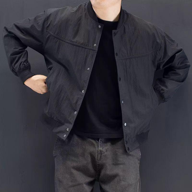 Мужская модная японская ретро черная бейсбольная ветровка со стойкой: Стильная повседневная куртка на весну/осень M 90-105 kg