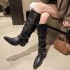 Fashion Rivet Pointed Toe Knight Belt Buckle Knee High Boots Plus Size Punk Chunky Middle Heel Women's Shoes Girls Western Cowboy Botas