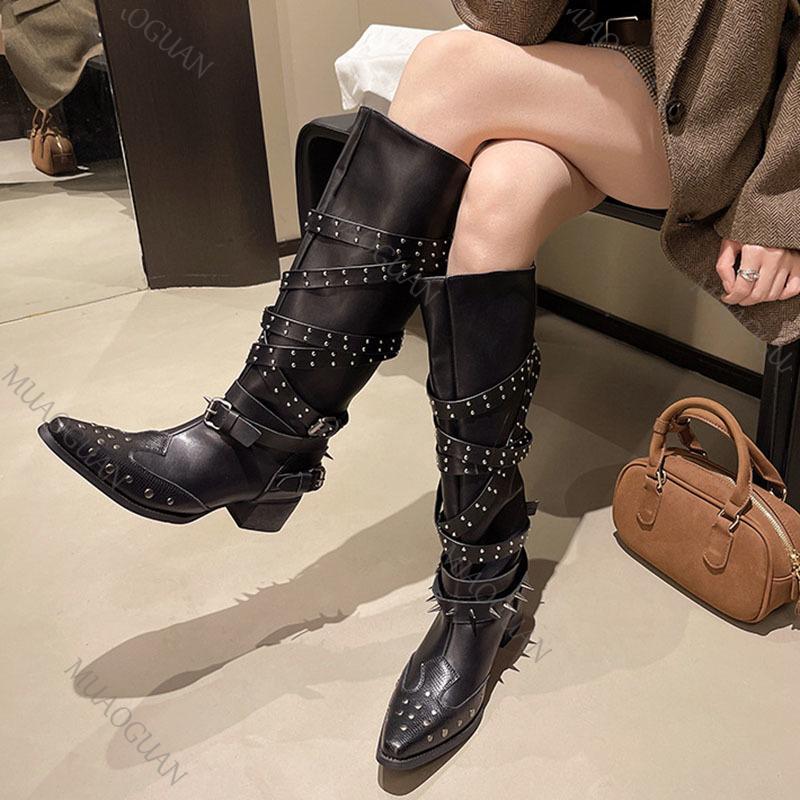 Fashion Rivet Pointed Toe Knight Belt Buckle Knee High Boots Plus Size Punk Chunky Middle Heel Women's Shoes Girls Western Cowboy Botas