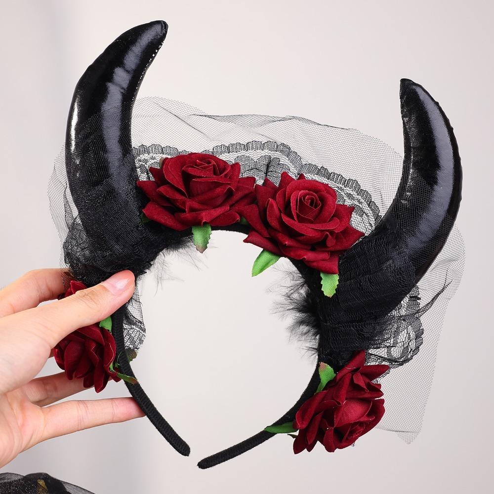 Lace Trim Halloween Cow Horns Headband Flowers Design Red Rose Headband  Women's Accessories