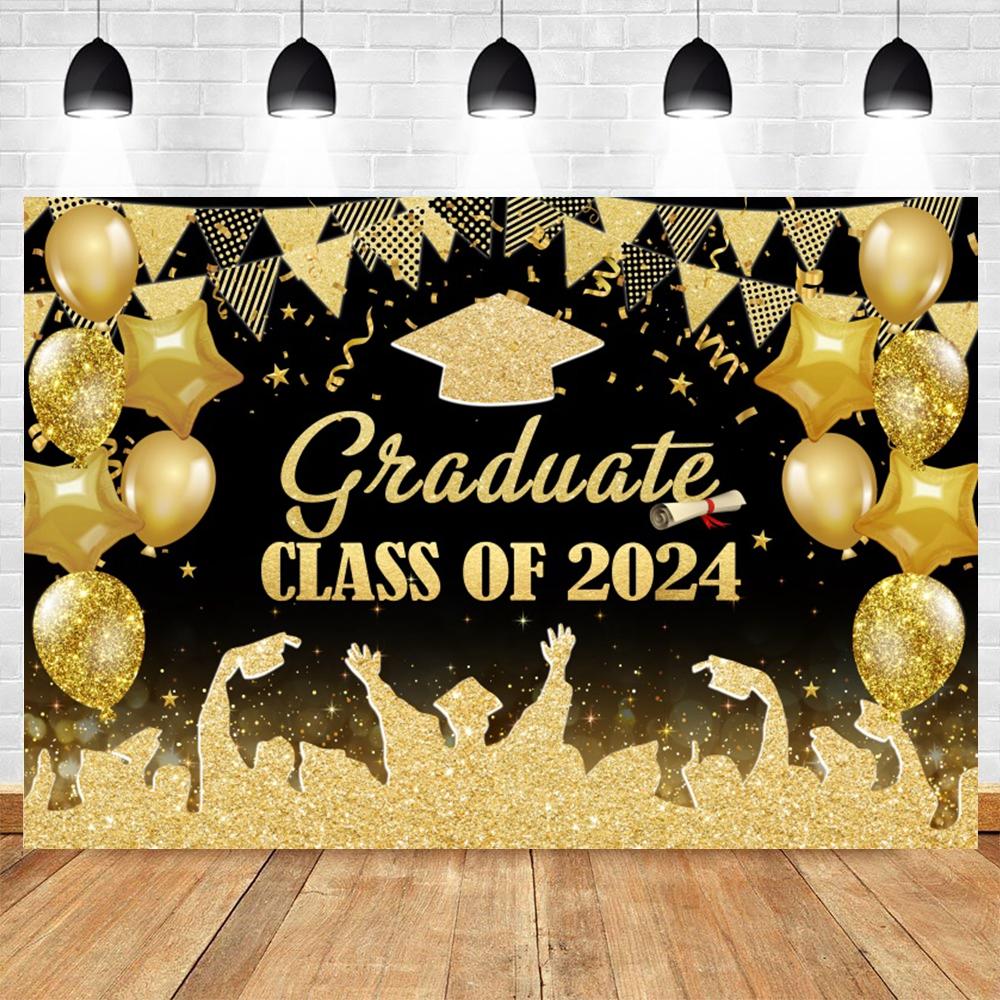 Golden Flash Black Balloon Banner Photography Background Cloth, Congratulations Graduation Ceremony Evening Photography Backdrop