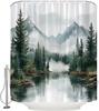 Green Misty Forest Shower Curtain Mountain Foggy Pine Trees Landscape Watercolor Jungle Plant Rustic Nature Scenery Lake Fabric