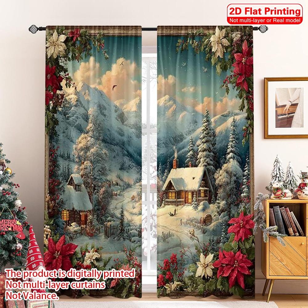 

Flat Printing Merry Christmas Scene Curtains Cabin Versatile Polyester Without Electricity Holiday Curtain Set Of 2 Made Washable W100*H70(CM)-Rod Pocket&2PCS