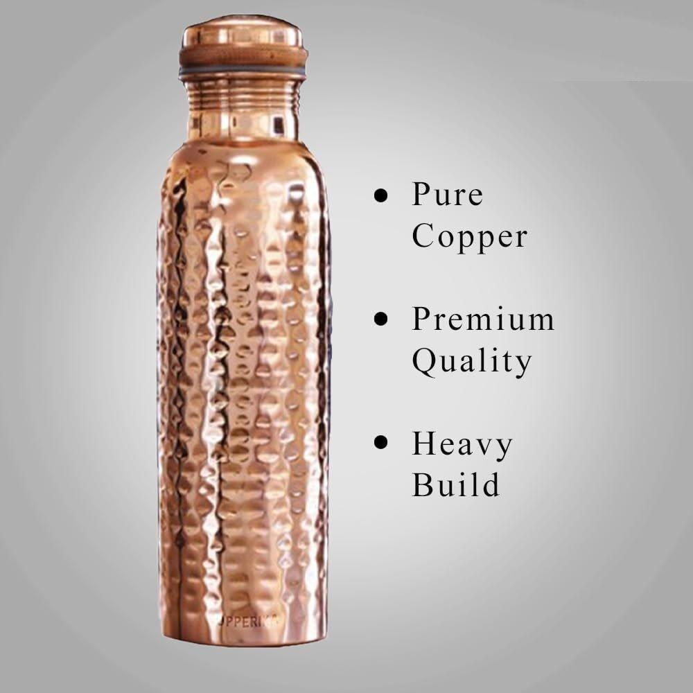Geschenkset Reine Gehämmerte Kupferwasserflasche 1000ml + Kupferglas (Packung mit 2-300 ml je) Original Schwere Ausführung