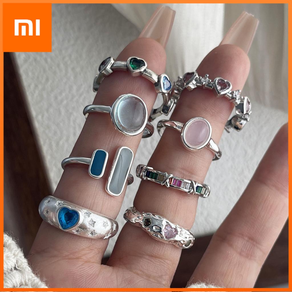 Xiaomi 925 Sterling Silver Rings for Women Couple Minimalist Handmade Blue Pink Stone Shinning Ring Fine Jewelry Gift Prevent Allergy